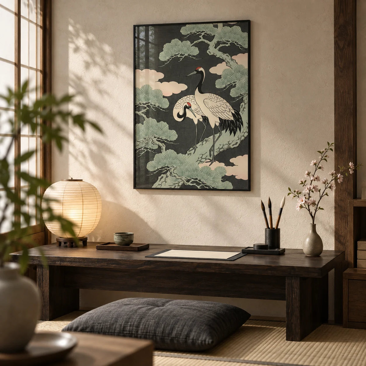 Japanese Crane Art Print, framed on the wall of a quiet Japanese-style study