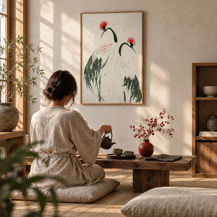 Japanese Crane Art, framed on the wall of a quiet tea room with a pale plaster wall