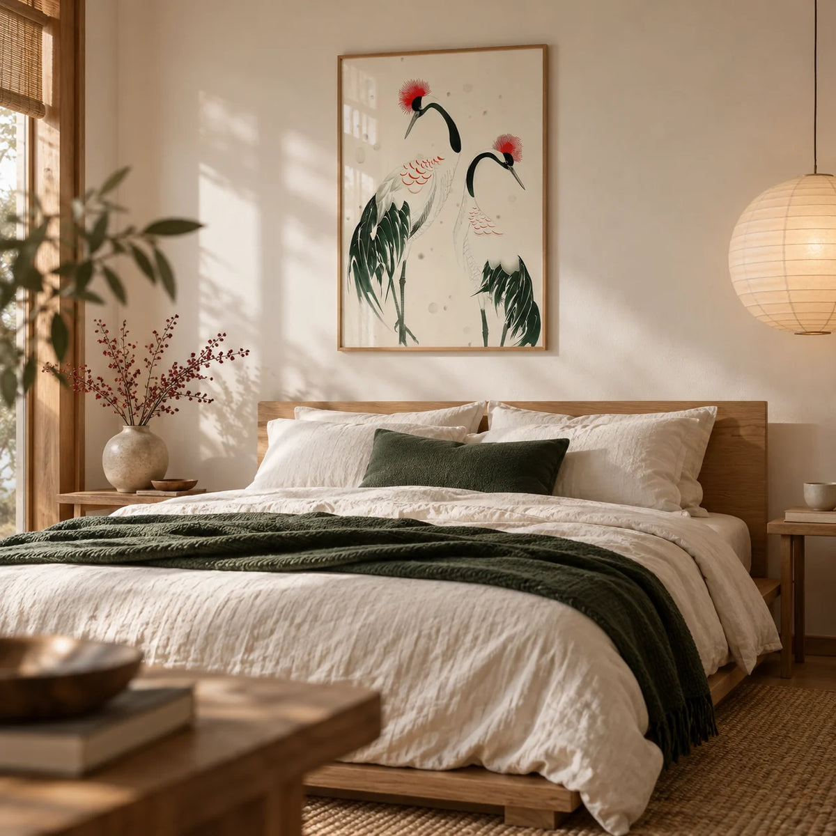 Japanese Crane Art, framed on the wall of a serene Japandi bedroom with a cream wall