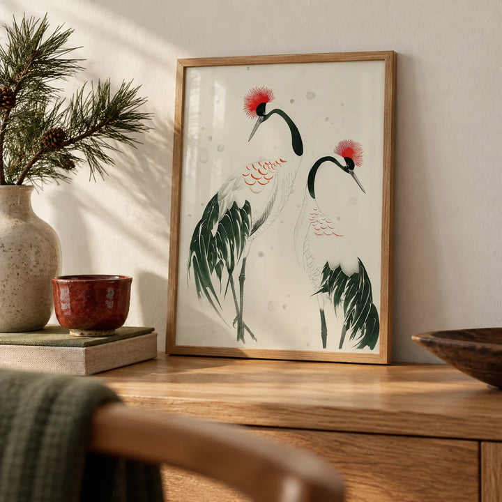 Japanese Crane Art, a small A4 framed print leaning on an oak shelf in a living room