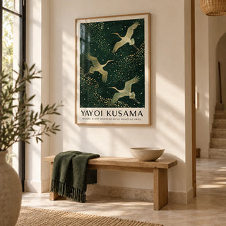 Japanese Crane Print, framed on the wall of a calm entrance hall with a warm white wall and a pale stone floor