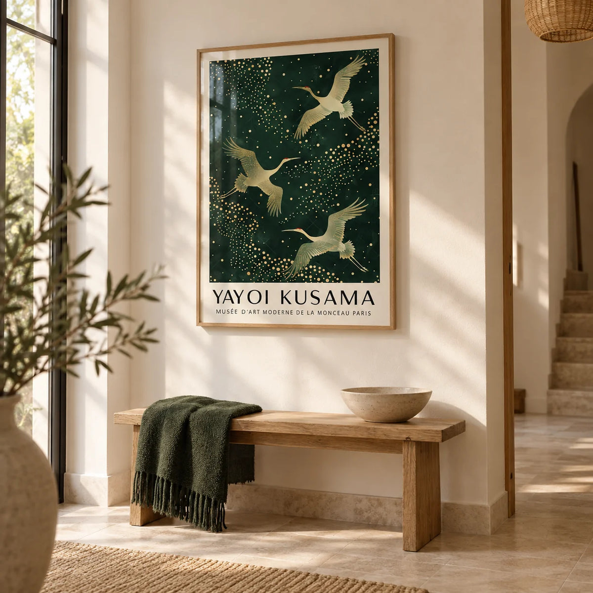 Japanese Crane Print, framed on the wall of a calm entrance hall with a warm white wall and a pale stone floor
