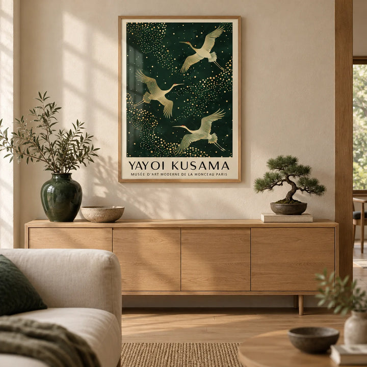 Japanese Crane Print, framed on the wall of a calm Japandi living room with a warm cream limewashed wall and a pale oak floor