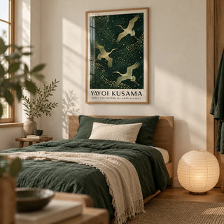 Japanese Crane Print, framed on the wall of a quiet Japandi single bedroom with a soft white wall