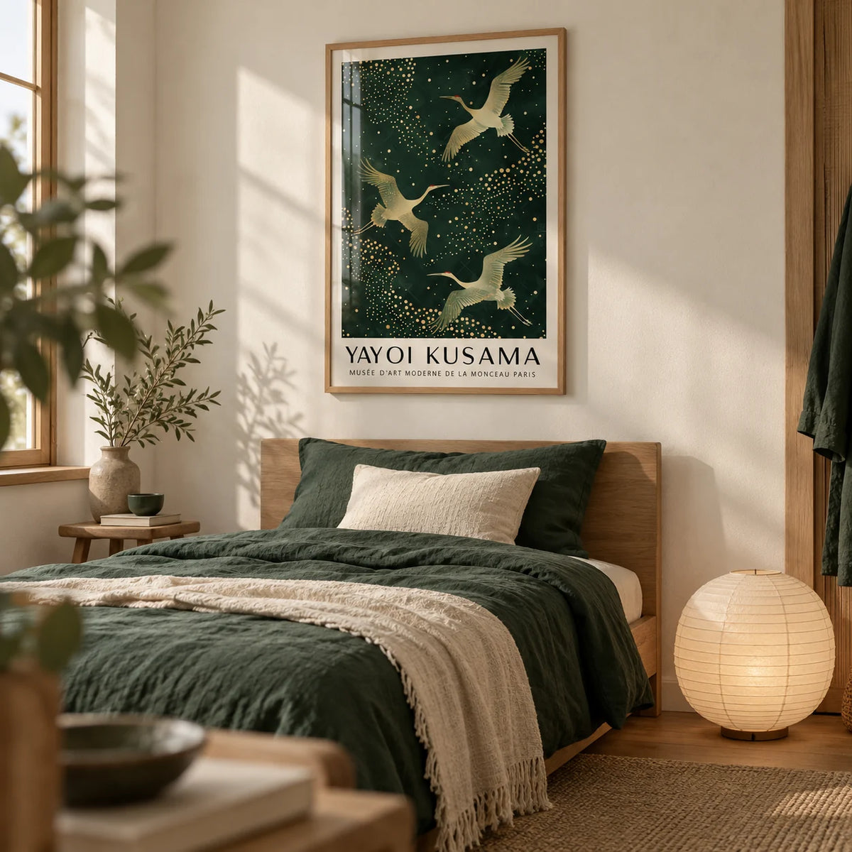 Japanese Crane Print, framed on the wall of a quiet Japandi single bedroom with a soft white wall