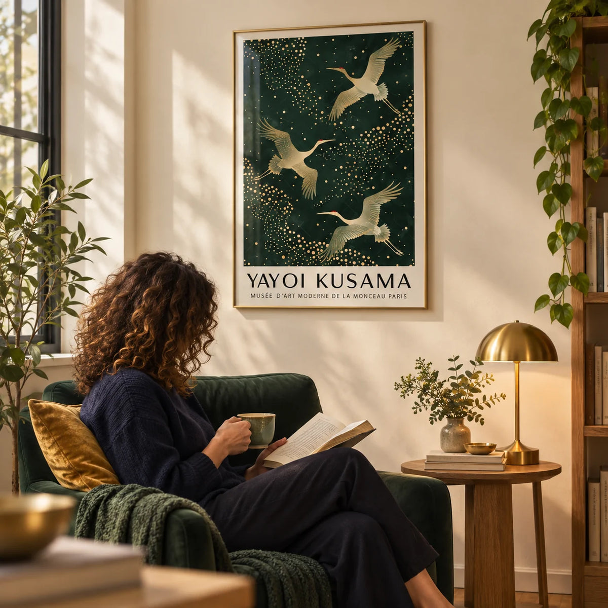 Japanese Crane Print, framed on the wall of a quiet reading corner with a warm cream wall in a living room