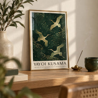 Japanese Crane Print, a small A4 framed print leaning on an oak shelf in a living room