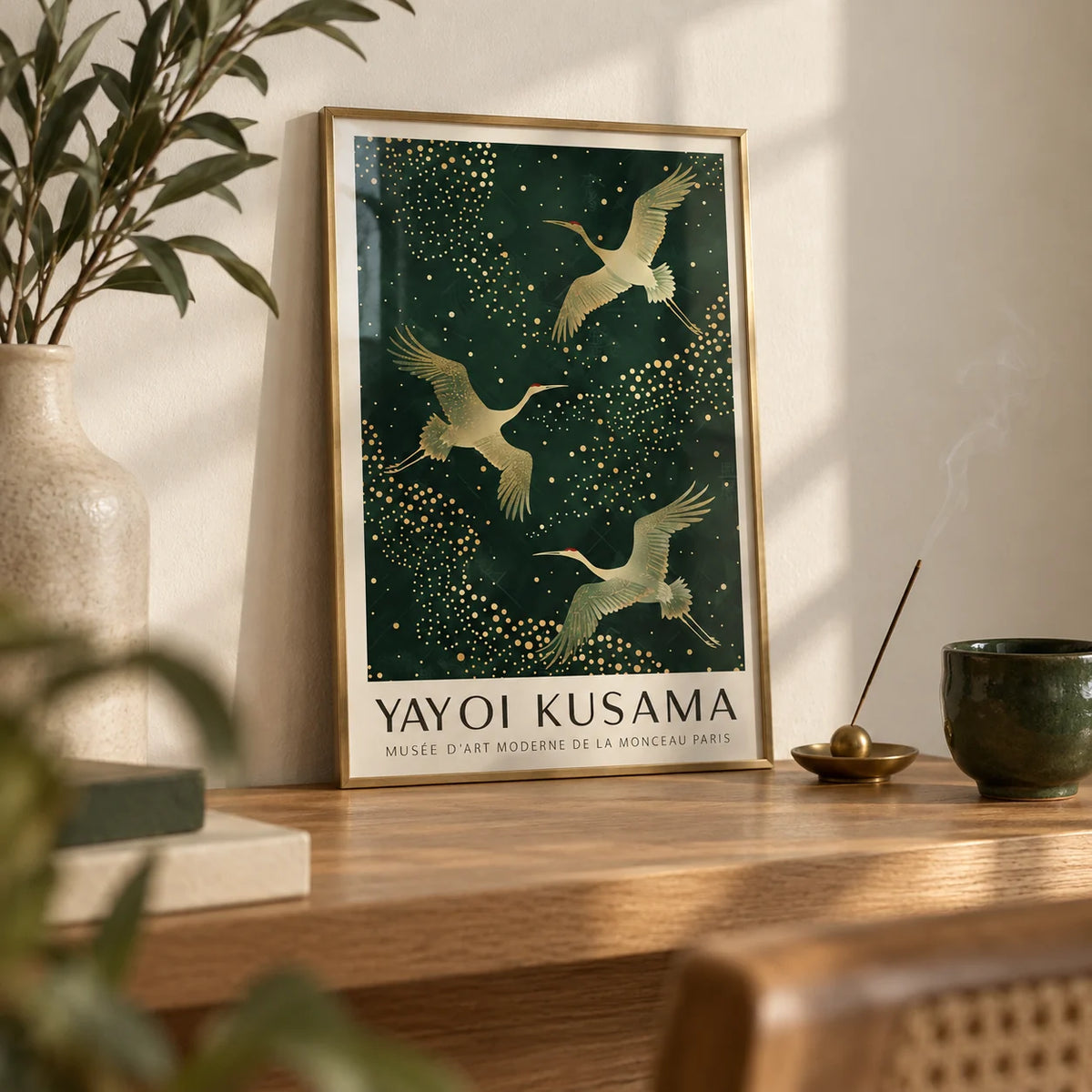 Japanese Crane Print, a small A4 framed print leaning on an oak shelf in a living room