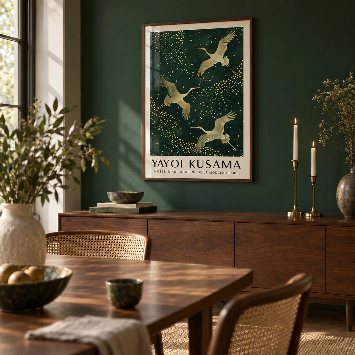 Japanese Crane Print, framed on the wall of a warm dining room with a deep forest green painted wall