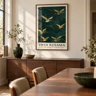 Japanese Crane Wall Art, framed on the wall of a calm dining room with a cream wall