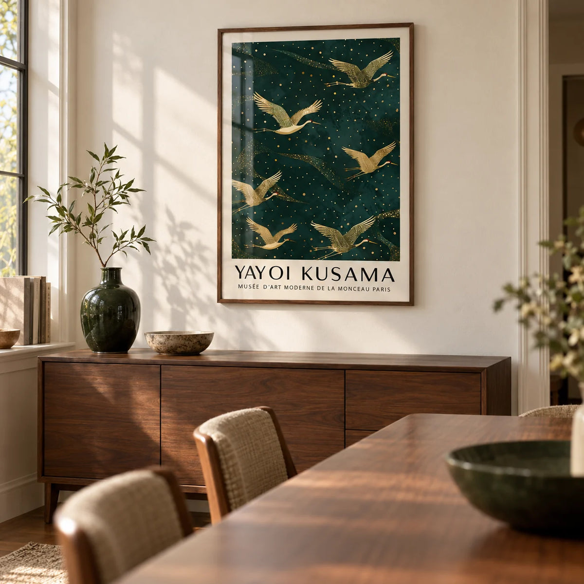 Japanese Crane Wall Art, framed on the wall of a calm dining room with a cream wall
