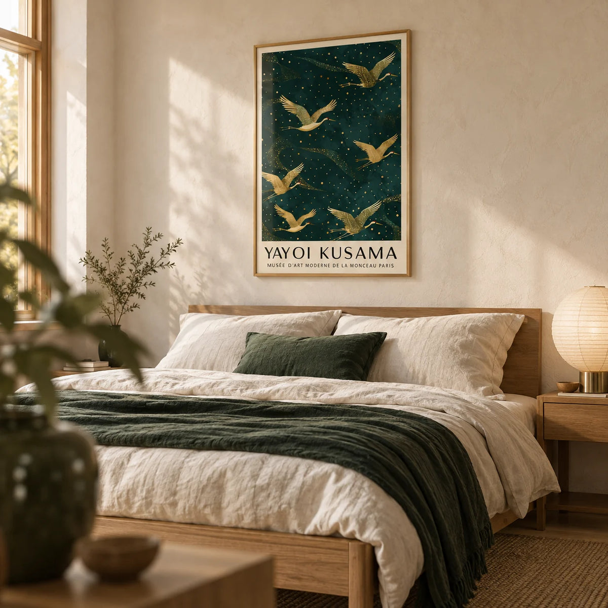 Japanese Crane Wall Art, framed on the wall of a calm Japandi bedroom with a warm white limewashed wall