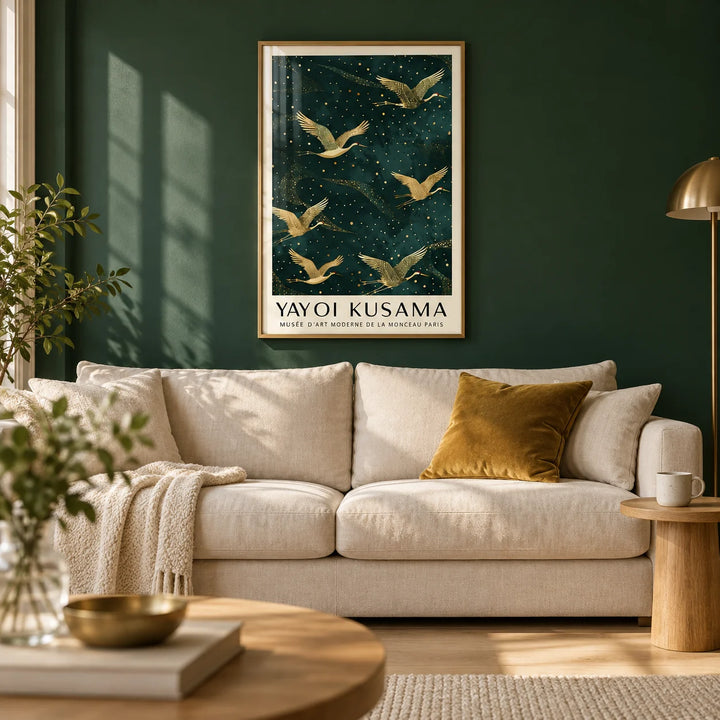 Japanese Crane Wall Art, framed on the wall of a calm living room with a deep green painted wall and a pale oak floor