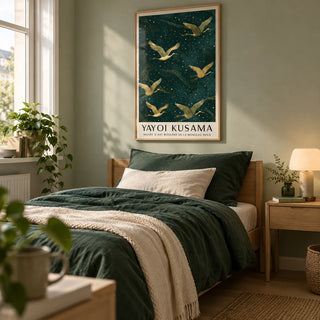 Japanese Crane Wall Art, framed on the wall of a calm single bedroom in a first flat (22-28) with a soft sage wall