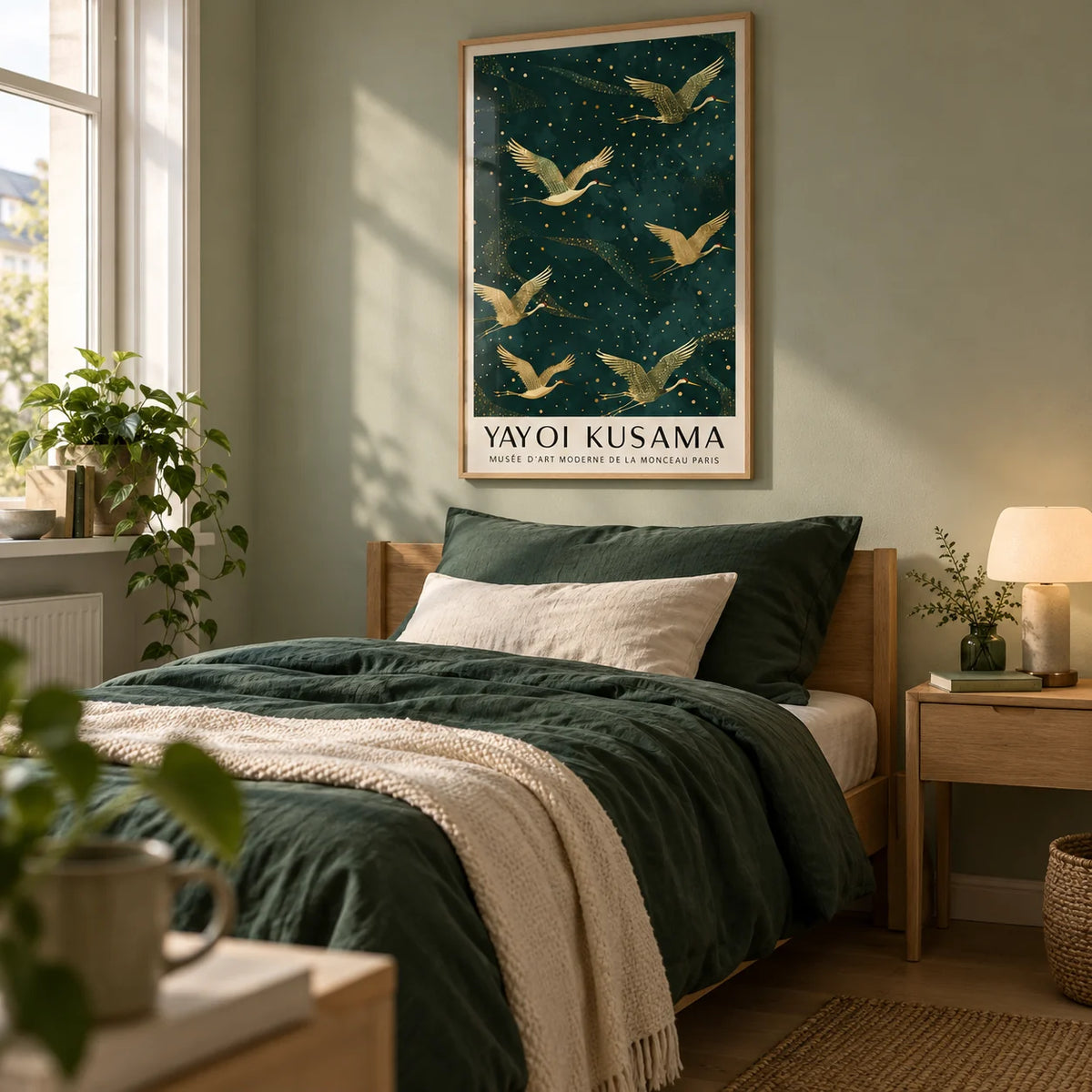 Japanese Crane Wall Art, framed on the wall of a calm single bedroom in a first flat (22-28) with a soft sage wall