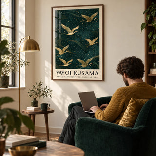 Japanese Crane Wall Art, framed on the wall of a quiet study with a cream wall