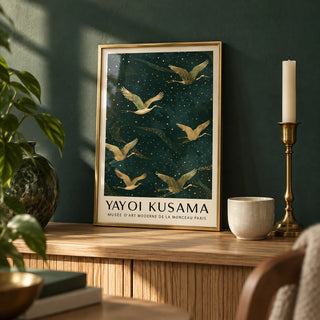 Japanese Crane Wall Art, a small A4 framed print leaning on an oak shelf in a living room