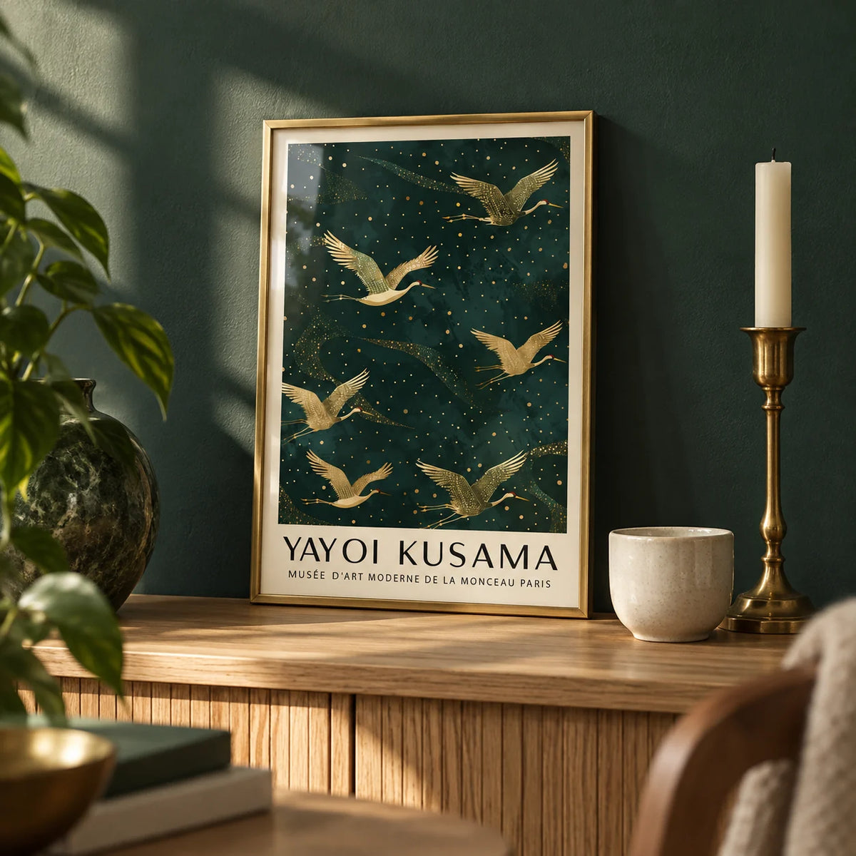Japanese Crane Wall Art, a small A4 framed print leaning on an oak shelf in a living room