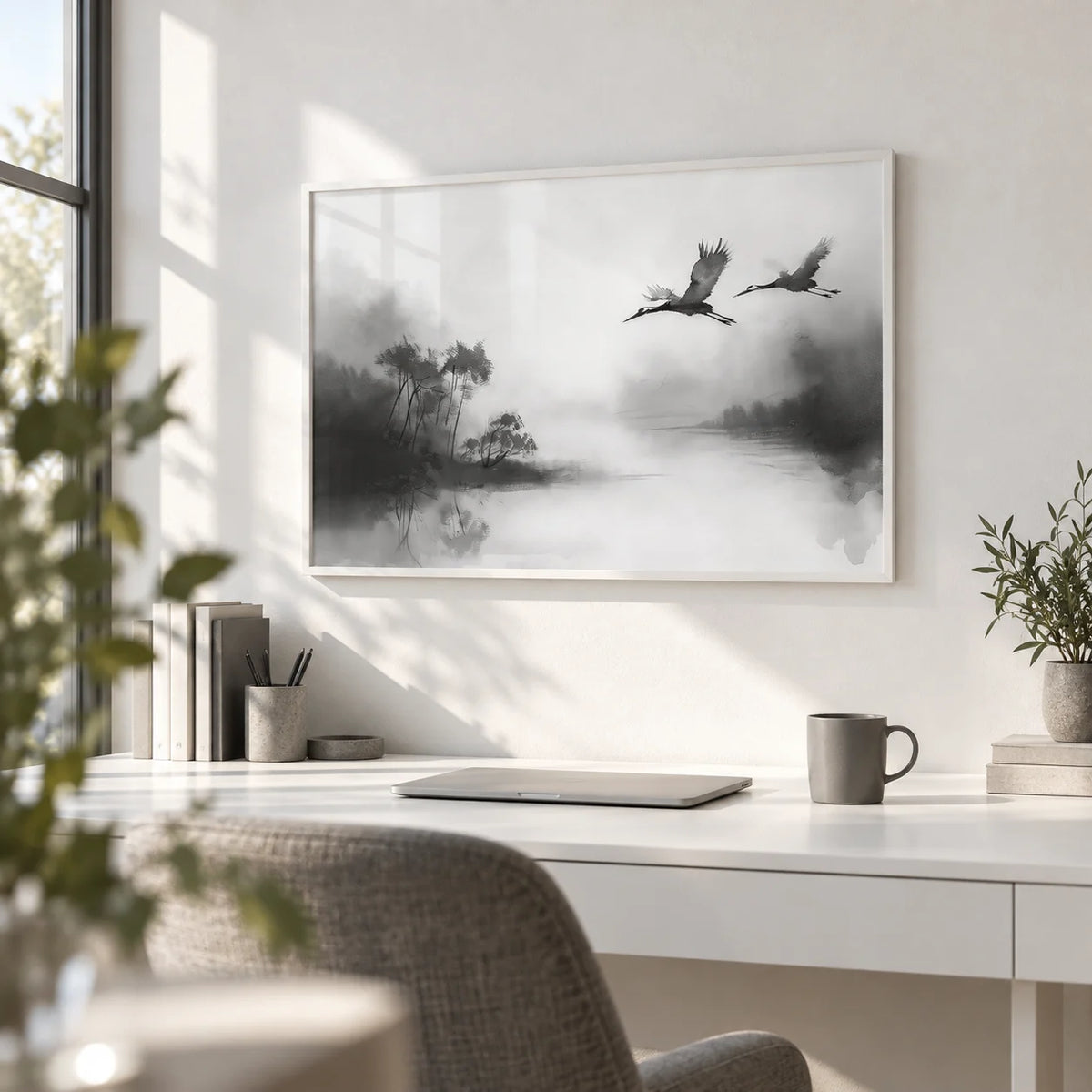 Japanese Cranes Flying Art, framed on the wall of a bright home office with a white wall