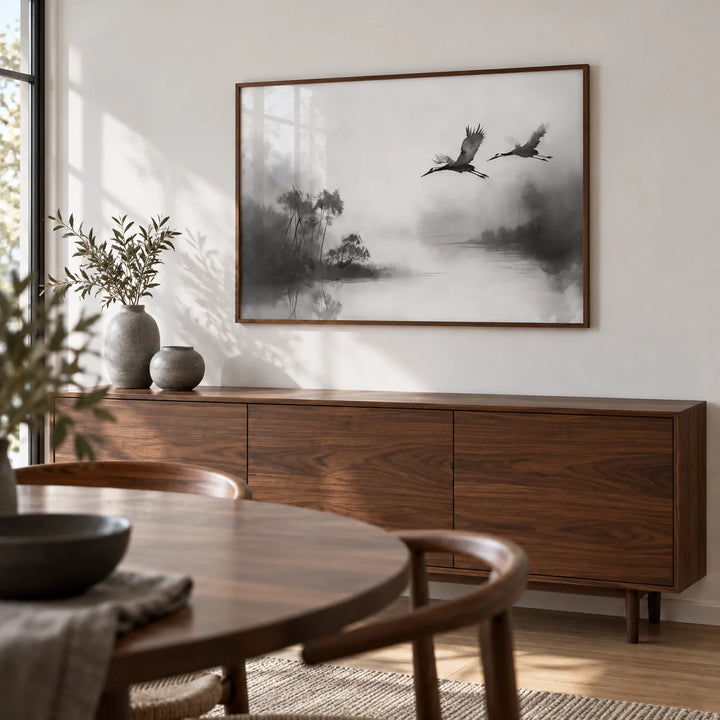 Japanese Cranes Flying Art, framed on the wall of a calm dining room with a white wall