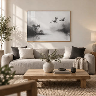 Japanese Cranes Flying Art, framed on the wall of a calm Japandi living room with a warm white wall