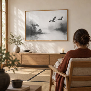 Japanese Cranes Flying Art, framed on the wall of a calm meditation room with a cream wall and tatami-style mats in a hallway