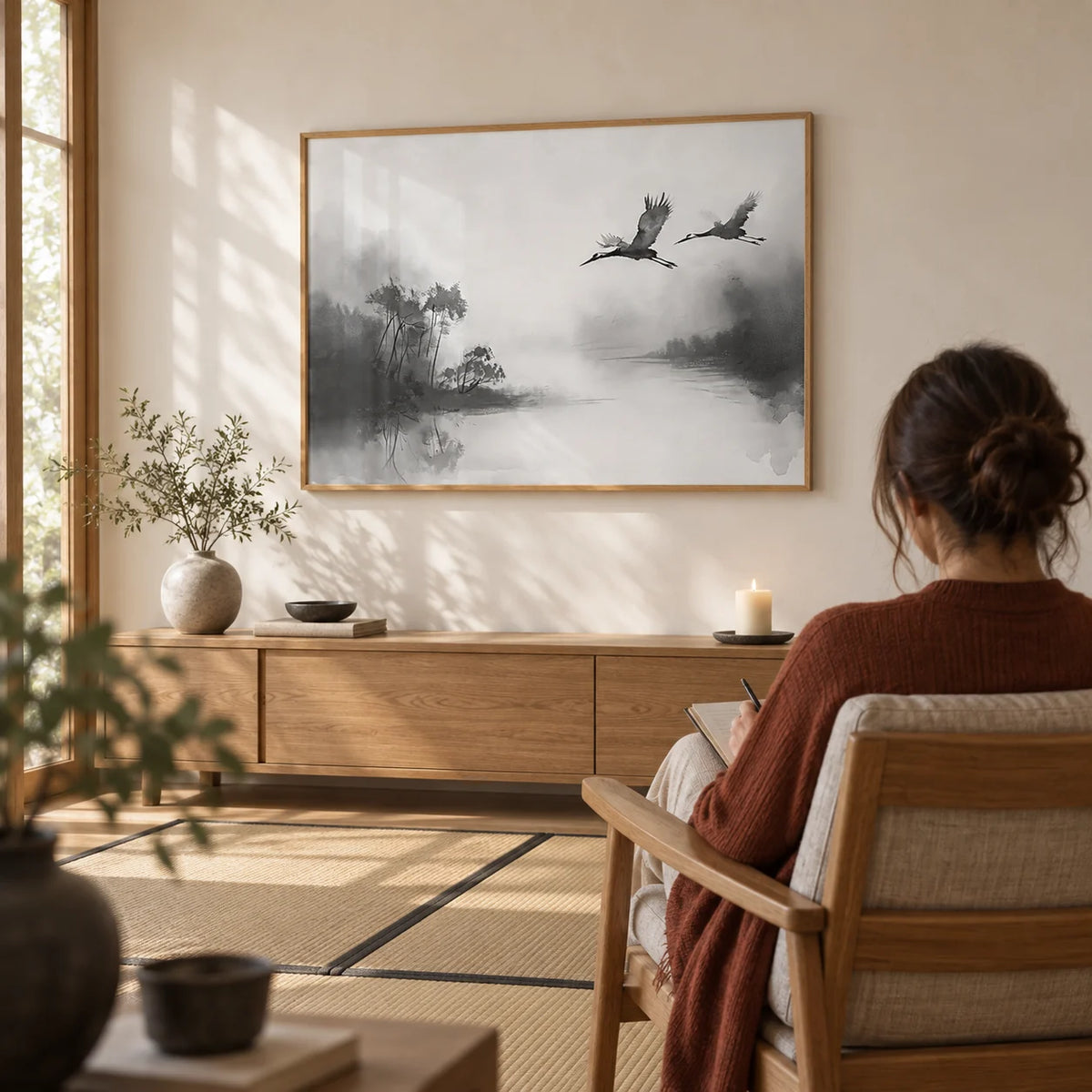 Japanese Cranes Flying Art, framed on the wall of a calm meditation room with a cream wall and tatami-style mats in a hallway