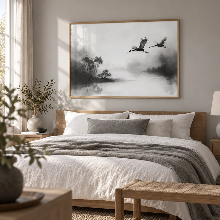 Japanese Cranes Flying Art, framed on the wall of a serene bedroom with a soft grey wall