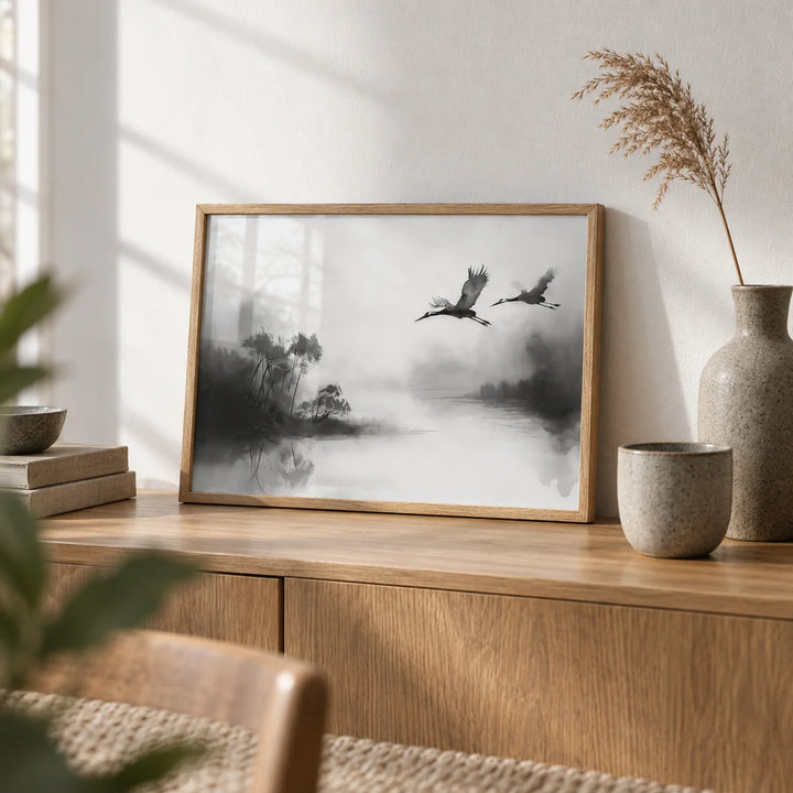 Japanese Cranes Flying Art, a small A4 framed print leaning on an oak sideboard in a living room