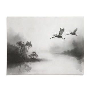 Japanese Cranes Flying Art, shown as an unframed paper print on a plain white background
