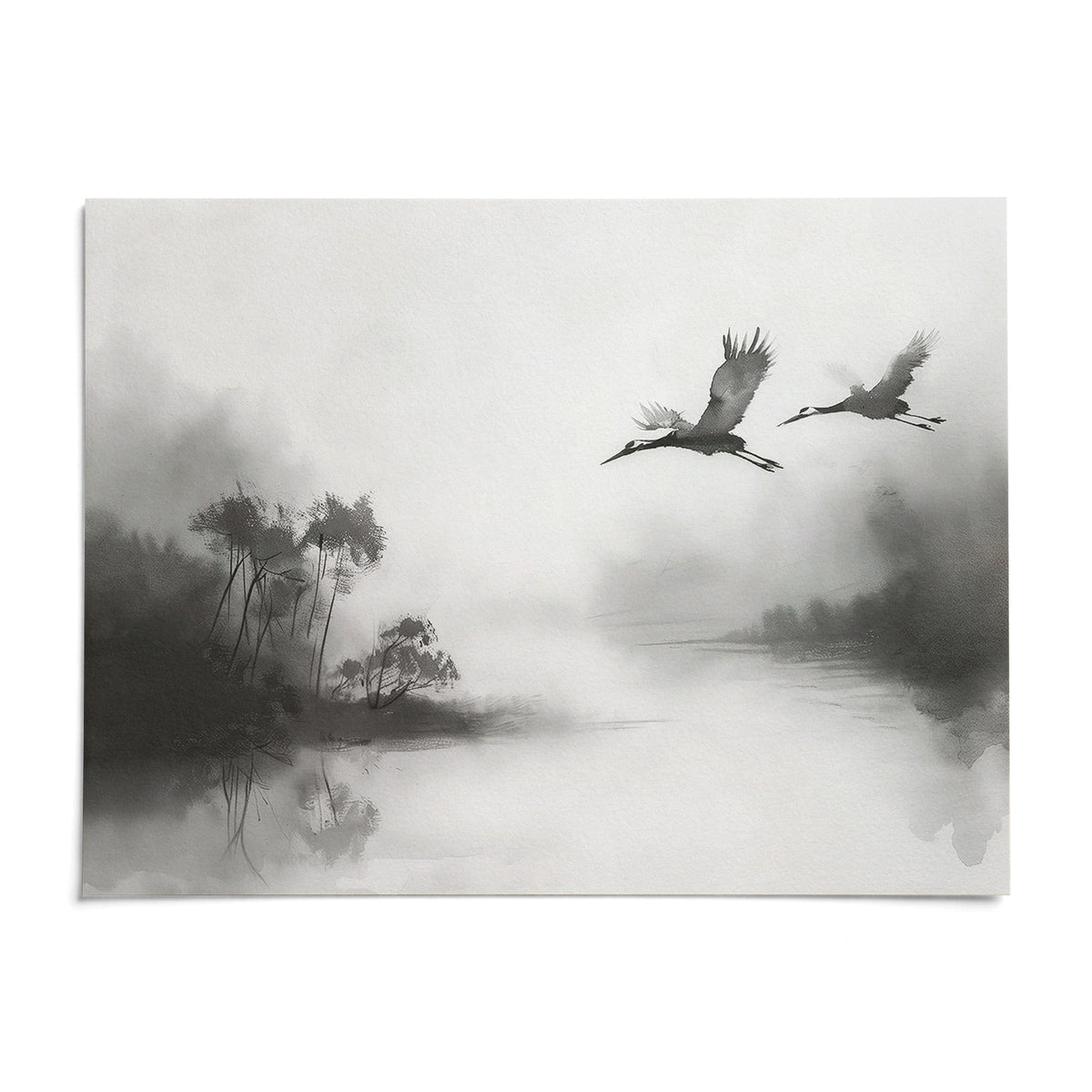 Japanese Cranes Flying Art, shown as an unframed paper print on a plain white background