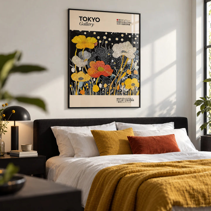 Japanese Decor, framed on the wall of a crisp modern bedroom with a white wall
