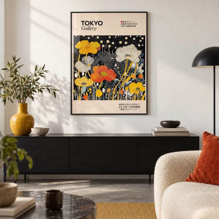 Japanese Decor, framed on the wall of a design-led city flat living room with a white wall and a polished concrete floor