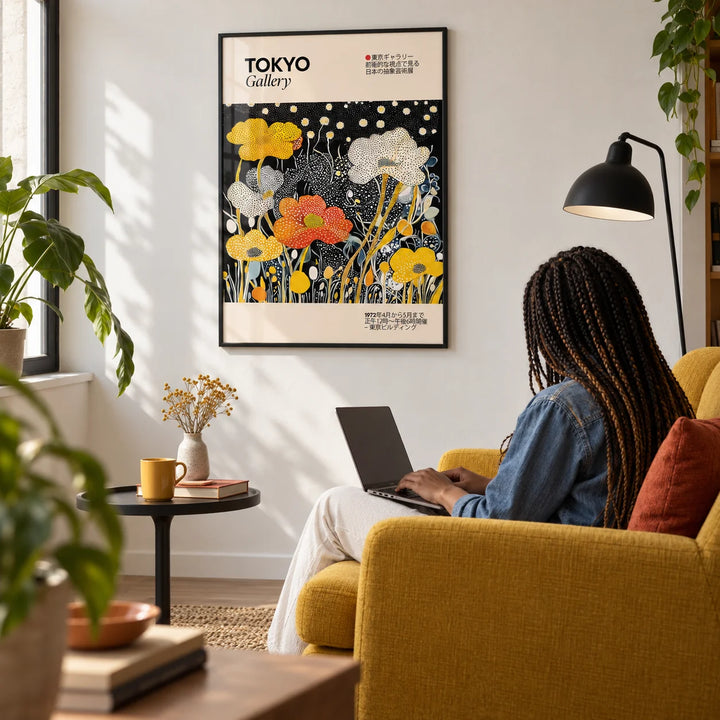 Japanese Decor, framed on the wall of a design-led reading corner with a white wall in a living room