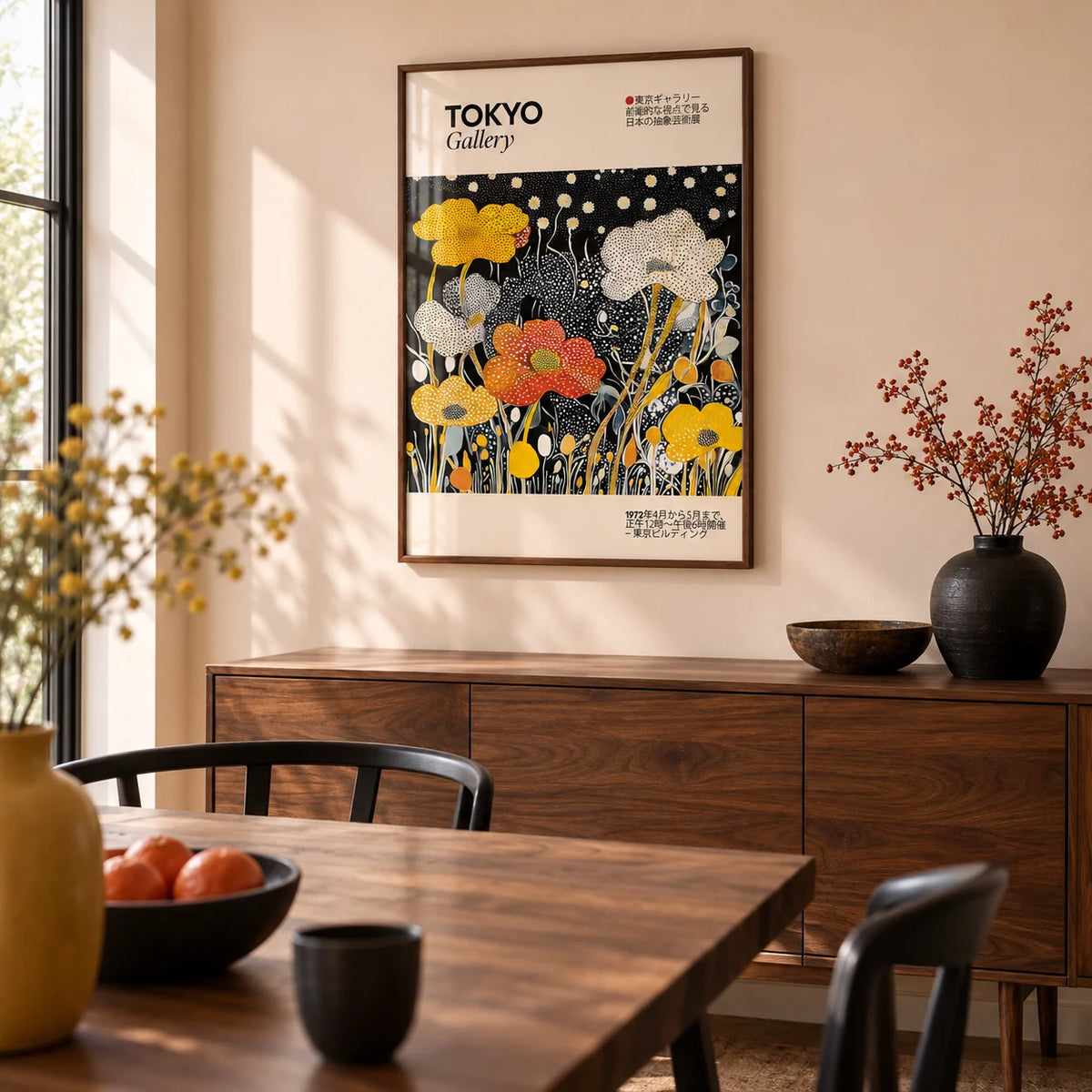 Japanese Decor, framed on the wall of a modern dining room with a pale peach wall