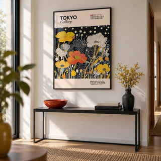 Japanese Decor, framed on the wall of a modern hallway with a white wall