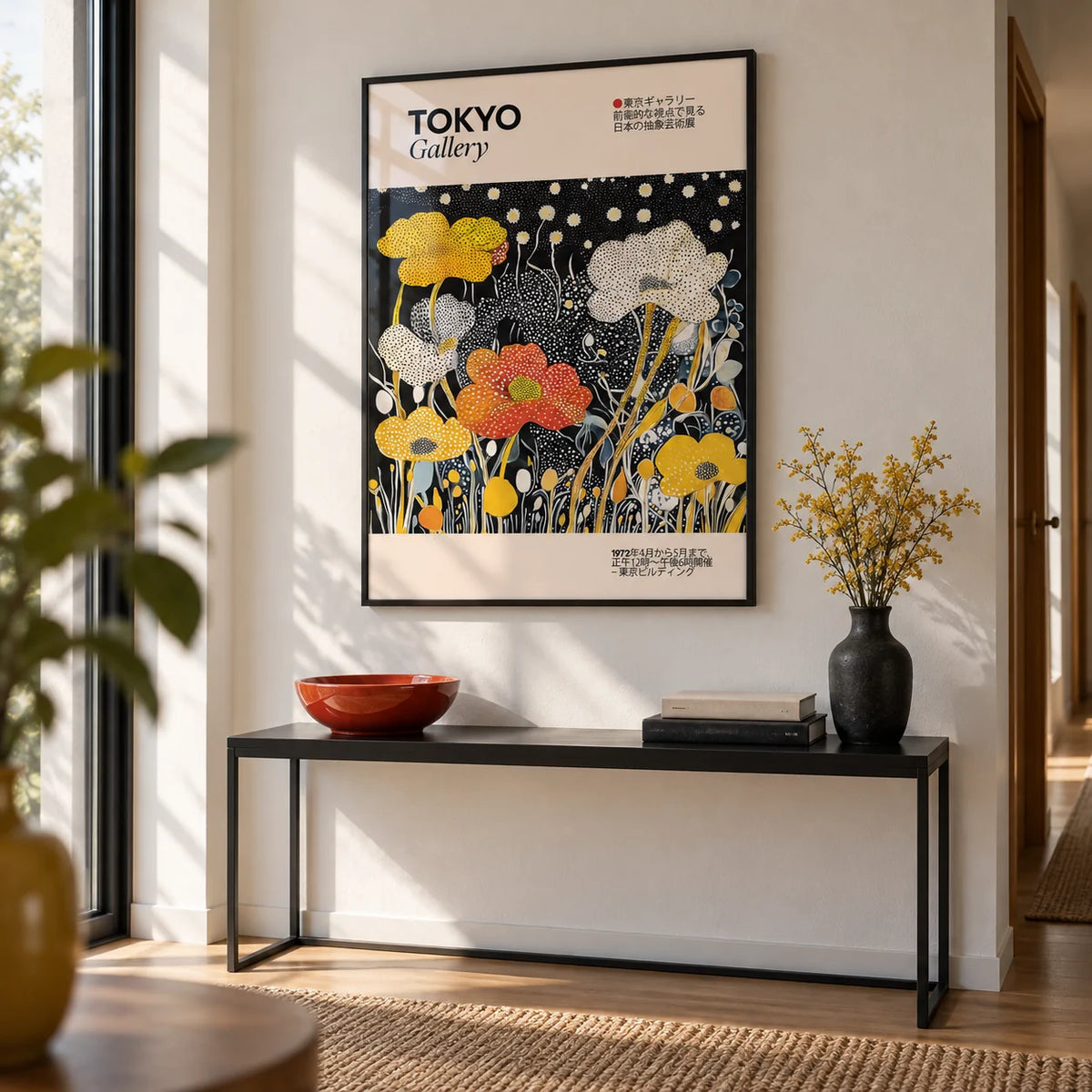 Japanese Decor, framed on the wall of a modern hallway with a white wall