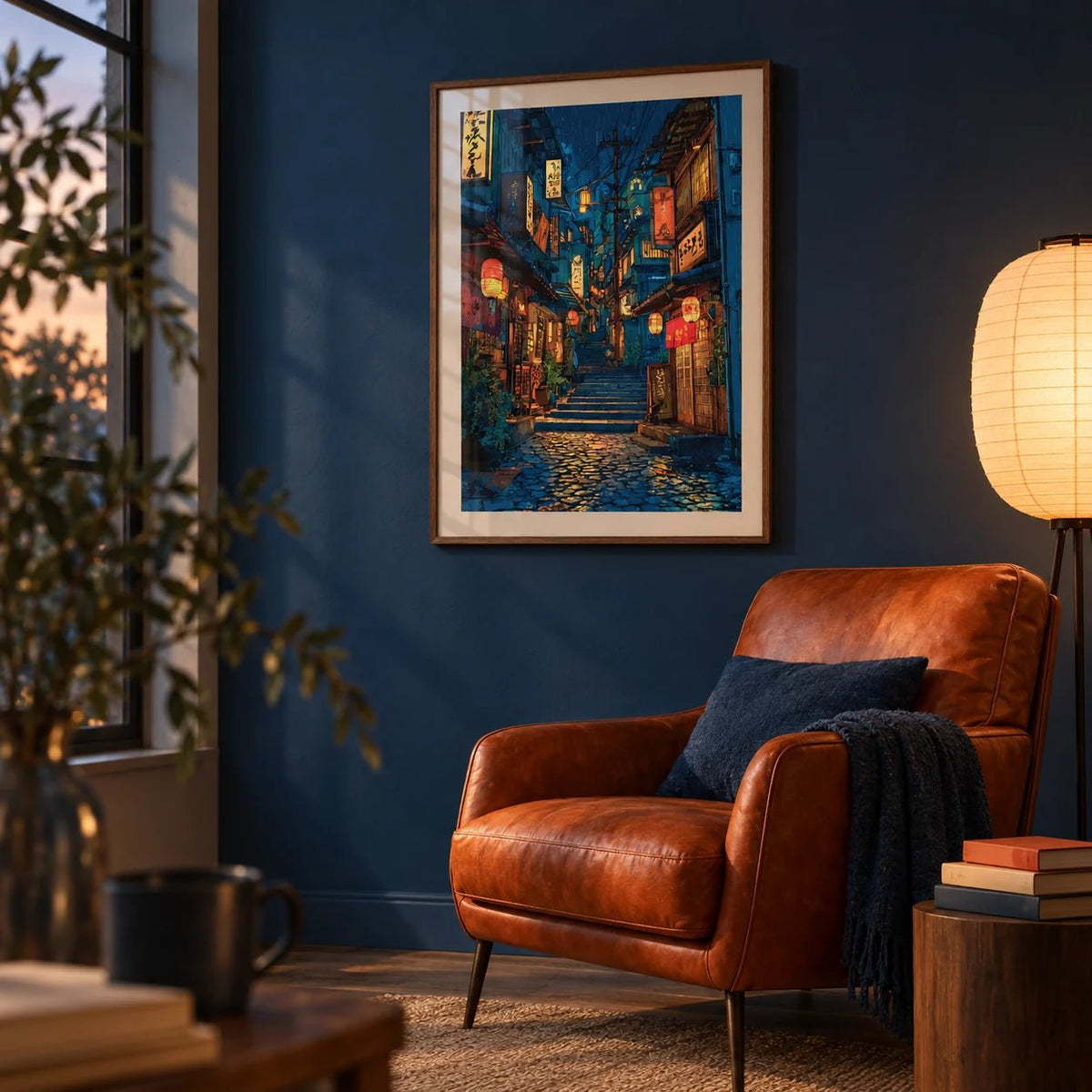 Japanese Drawing, framed on the wall of a cosy reading corner at dusk with an indigo blue wall in a living room