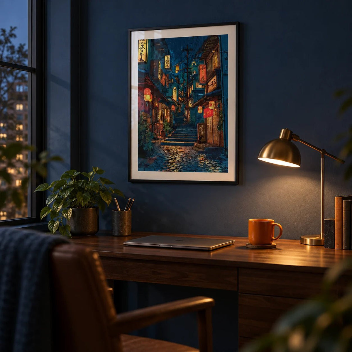 Japanese Drawing, framed on the wall of a home office at night with a dark blue painted wall