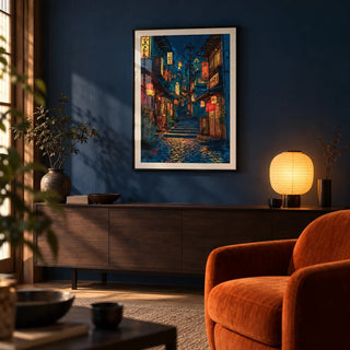 Japanese Drawing, framed on the wall of a moody Japanese-modern living room with a deep night blue painted wall