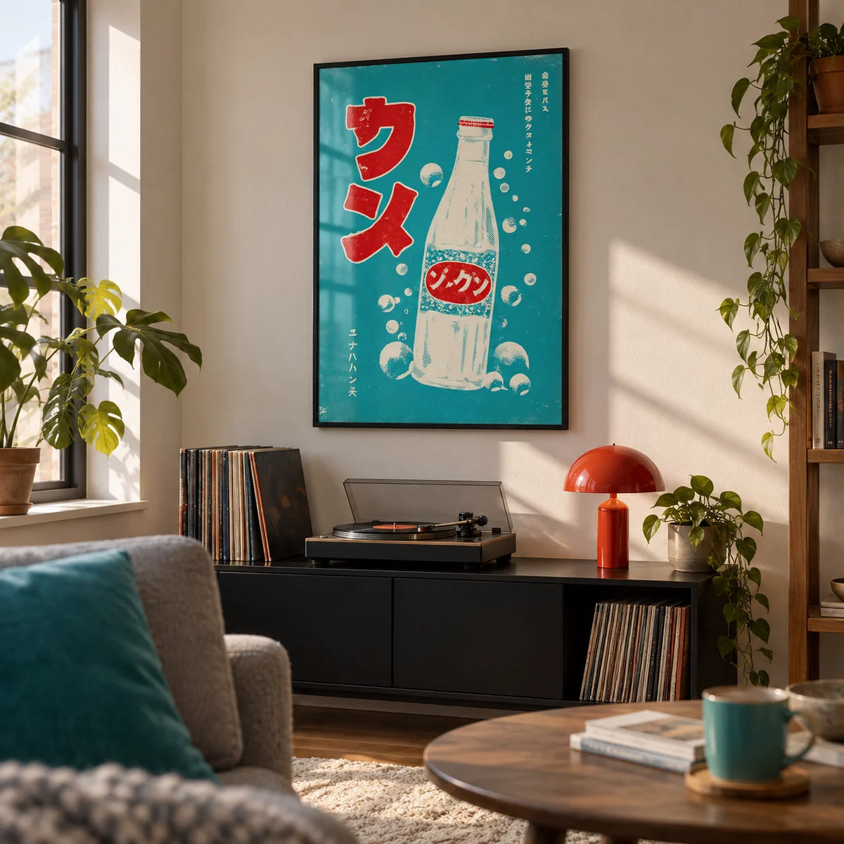 Japanese Drink Art, framed on the wall of a first-flat living room (22-28)