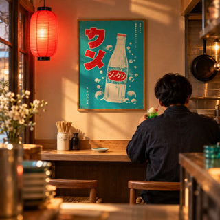 Japanese Drink Art, framed on the wall of an izakaya-style kitchen-diner corner with a pale oak counter and two stools