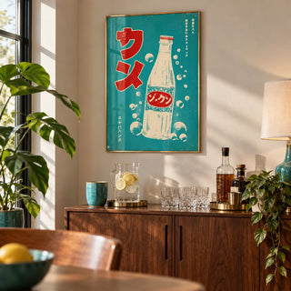 Japanese Drink Art, framed on the wall of a small home bar corner in a living room