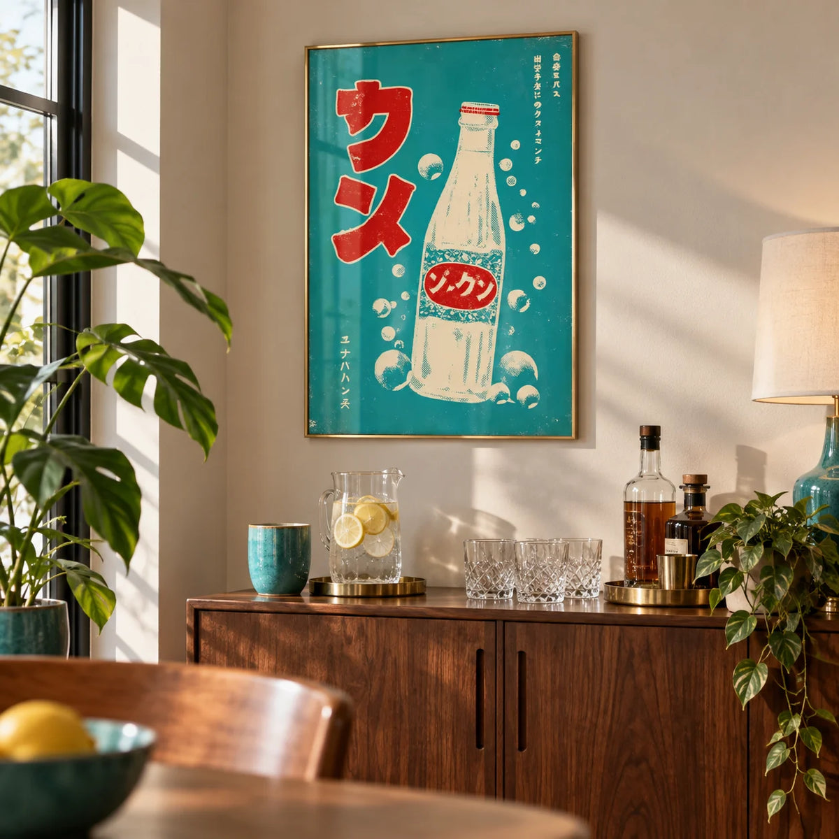 Japanese Drink Art, framed on the wall of a small home bar corner in a living room
