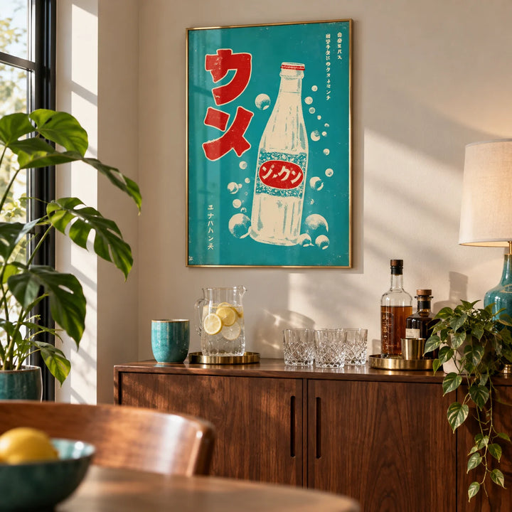 Japanese Drink Art, framed on the wall of a small home bar corner in a living room
