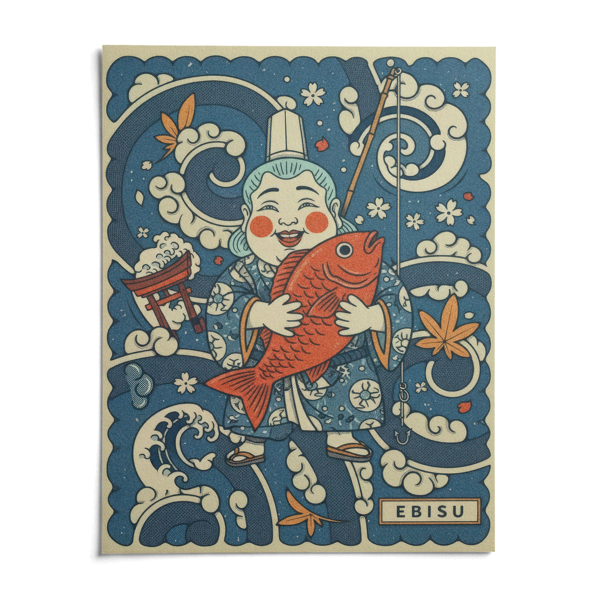 Japanese Ebisu Wall Art, shown as an unframed paper print on a plain white background