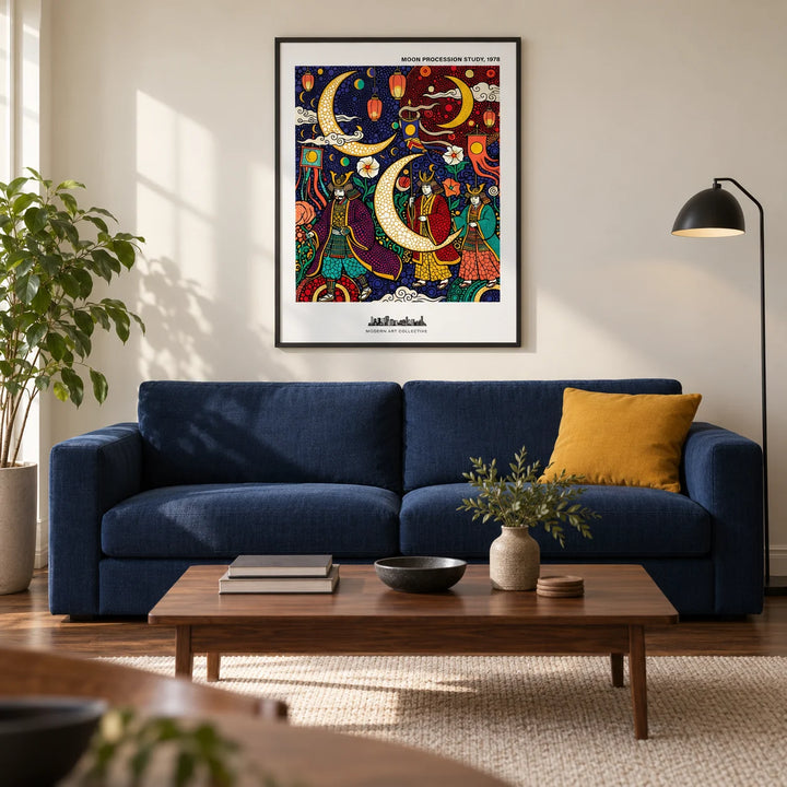 Japanese Festival Print, framed on the wall of a modern living room in a UK city flat with a warm white wall and walnut floor