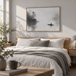 Japanese Fisherman Art, framed on the wall of a calm bedroom with a soft grey-white wall