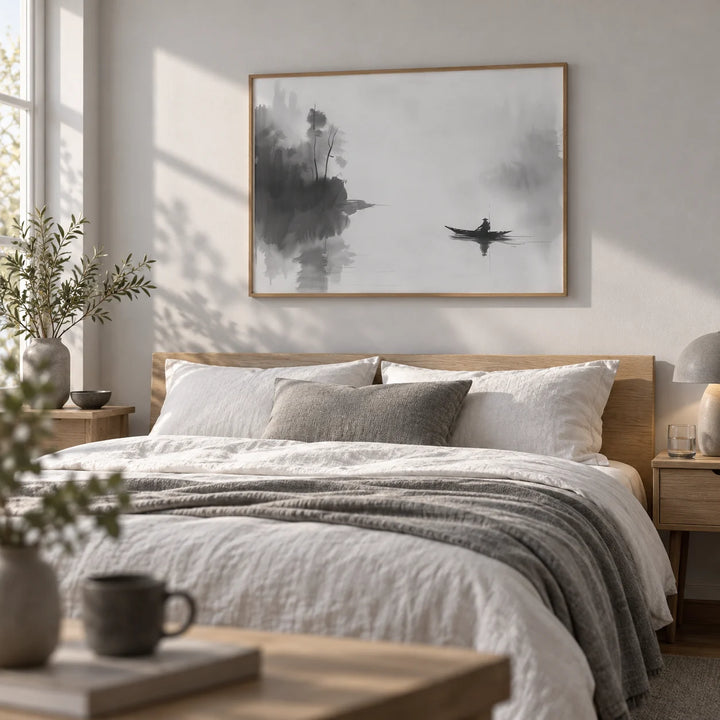 Japanese Fisherman Art, framed on the wall of a calm bedroom with a soft grey-white wall