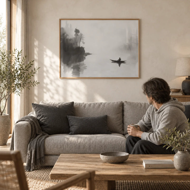 Japanese Fisherman Art, framed on the wall of a calm Japandi living room with a warm white limewashed wall